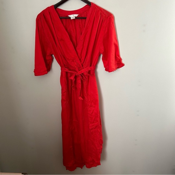 H&M LOGG Dress Red V-Neck Tie Waist Red Orange Casual Solid Neutral - Picture 1 of 10